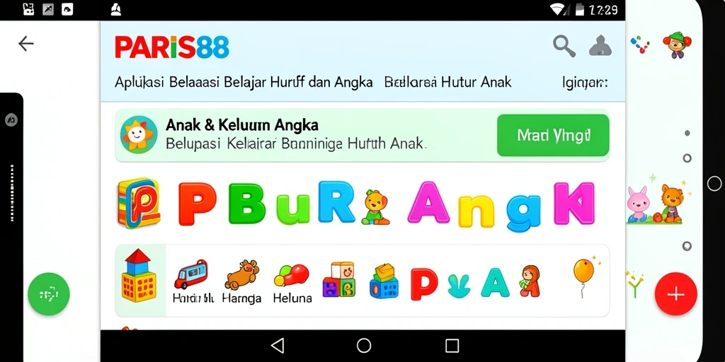 Tampilan antarmuka aplikasi PARIS88 dengan fitur belajar huruf dan angka.